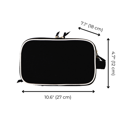 Black rectangular beauty and toiletry organizer with white trim and zipper, showing dimensions 10.6 by 7.1 by 4.7 inches.