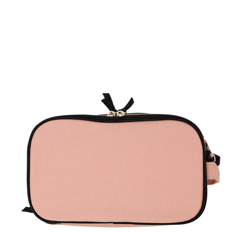 Pink blush triple compartment travel and hobby organizer with black trim and zipper on white background