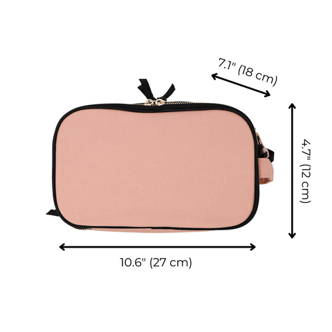 Pink blush triple beauty and toiletry organizer pouch with black trim and zipper, measuring 10.6 by 7.1 by 4.7 inches