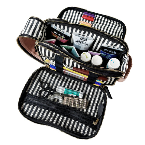 Pink blush triple travel organizer open showing striped interior with multiple art supplies and zippered compartments