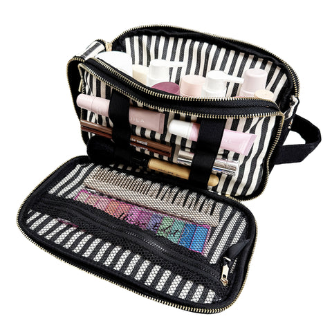 Black personalized triple beauty and toiletry organizer with striped interior, mesh zippered pocket, and elastic loops holding cosmetics.