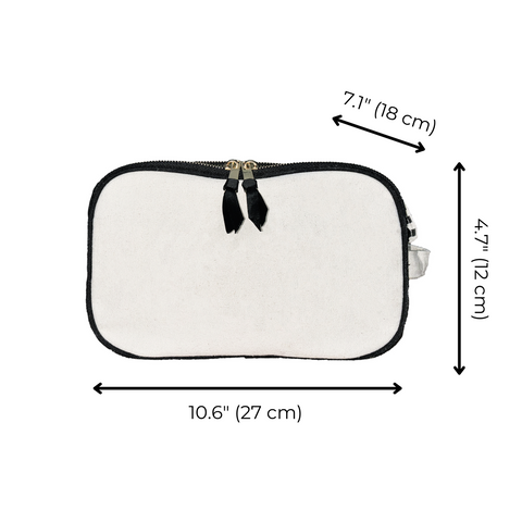 Cream triple beauty and toiletry organizer with black trim and dual zipper, dimensions 10.6 by 7.1 by 4.7 inches displayed