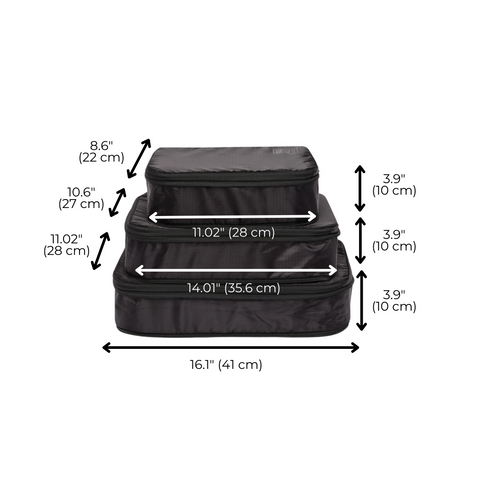 Bag-all Recycled Nylon Compression Packing Cubes dimensions diagram showing 3 stackable black cubes with measurements in inches and centimeters for travel organization