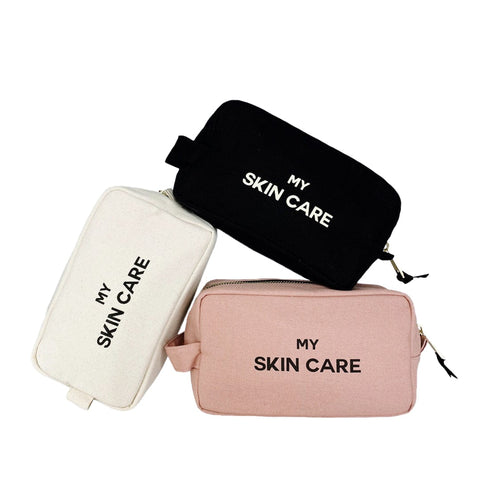 Bag-all My Skin Care Organizing Pouch in black, white, and pink cotton with waterproof lining and gold zipper - stylish travel makeup storage case