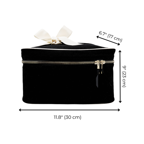 Black large vanity beauty box with silver zipper and white bow, measuring 11.8 by 6.7 by 9 inches for makeup storage