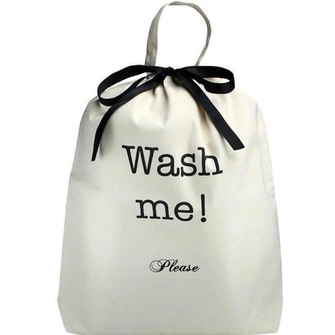 Bag-all Men's Travel Set 3-pack Cream featuring stylish cotton laundry bag with 'Wash me!' text, black ribbon detail and gray handle for organized travel essentials