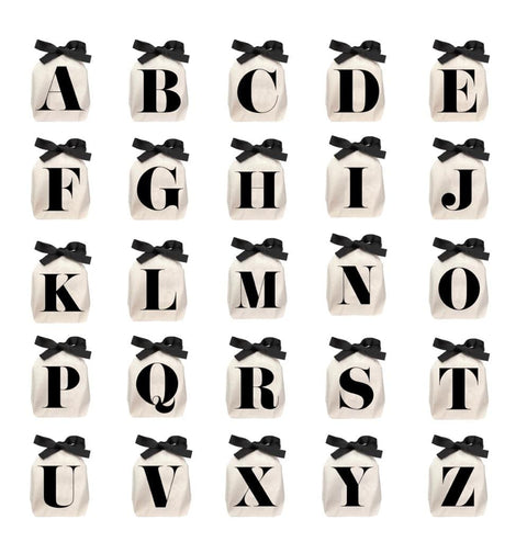 Bag-all Small Letter Bags Classic in cream canvas with black ribbon and bold alphabet letters A-Z, perfect for organizing small items and personalized storage