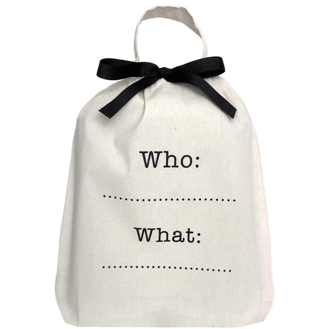 Bag-all Who What Bag in cream cotton with black bow and customizable text lines for personal organization and monogramming from Bag-all collection