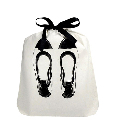 Bag-all cream cotton shoe bag with black ballet flats illustration and ribbon tie, part of 3-pack Shoe Bags Set for travel organization and storage