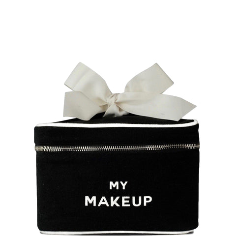 Bag-all Travel Glam My Makeup Box in black cotton with white bow and silver zipper - stylish cosmetic organizer from the 4-pack collection