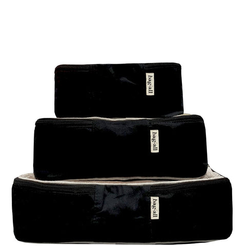 Bag-all Weekend Essential Packing Set in black cotton: 4 premium organizer cubes for travel and home organization, featuring stylish packing cubes and pouches
