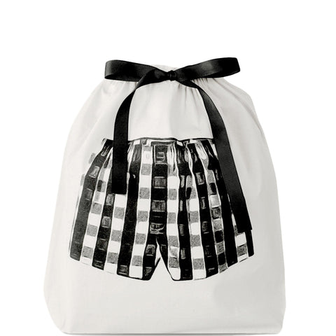 Bag-all Cream Boxer Shorts Bag with black and white checkered boxer print, featuring black ribbon drawstring closure on cotton organizing bag for travel essentials