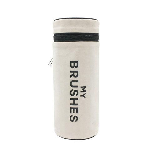 Bag-all Cream Cylinder Brushes Case - Stylish cotton makeup brush organizer with black zipper and text print, perfect for travel and storage