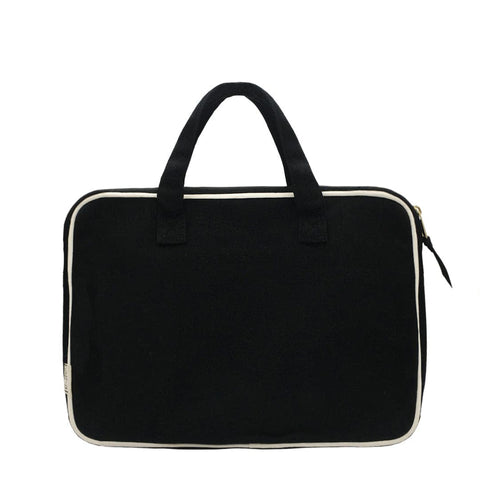 Bag-all Laptop Case 13" in black cotton with white trim, double handles, front charger pocket and padded interior for 11-13" devices