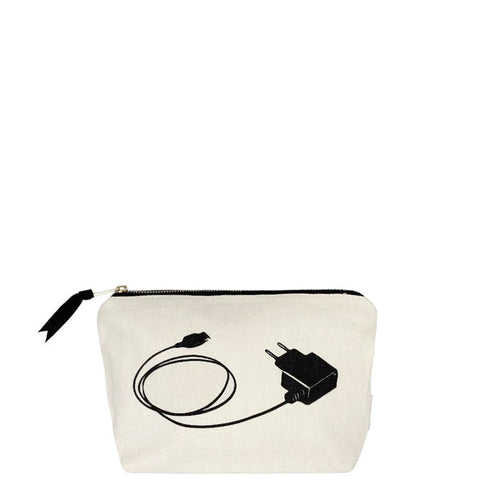 Bag-all Travel Glam Charger Pouch in cream cotton canvas with black charger illustration, part of 4-pack organizer set for tech accessories