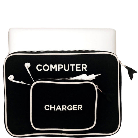 Bag-all Black Laptop Case 15" with charger pocket featuring white text labels, gold zipper details, and contrasting white trim - stylish protective sleeve for electronics
