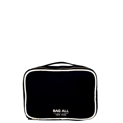 Bag-all Double Sided Toiletry Case in Black with white trim, featuring dual compartments, waterproof interior, metal zippers, and carrying handle for travel organization