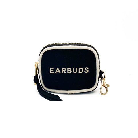 Bag-all Black Earbuds Case with gold clasp and zipper closure featuring white piping and EARBUDS text. Compact protective cotton case for AirPods storage.