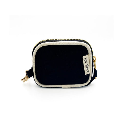 Bag-all Mini Earbud Case in black cotton with white piping, gold zipper and clasp. Compact protective storage for Airpods and earbuds.