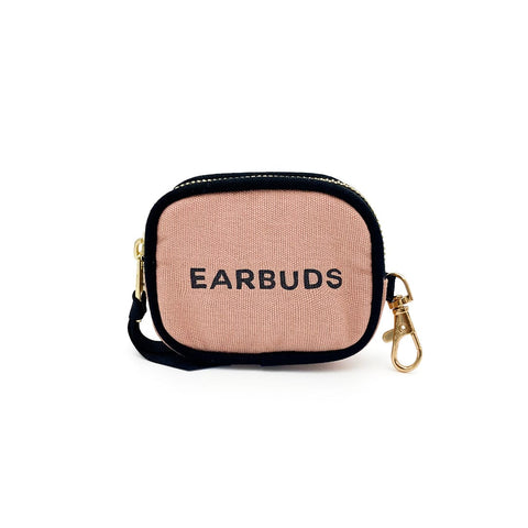 Bag-all Pink Earbuds Case with gold clasp, black piping, and zipper closure - protective cotton case for AirPods featuring embroidered EARBUDS text