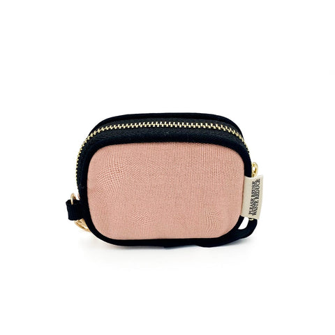 Bag-all Pink Earbuds Case with gold clasp and zipper - Cotton protective case for AirPods featuring black trim and secure attachment loop