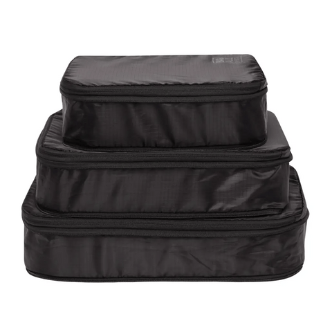 Bag-all Compression Cubes & Packing Bags Set in black, featuring 3 stackable travel cubes made from recycled nylon, designed for efficient clothes organization and space-saving packing