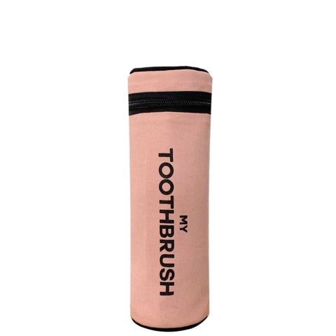 Bag-all Pink Toothbrush Travel Case - Stylish cylindrical holder in blush pink with black zipper and text, fits multiple toothbrushes and toothpaste, perfect for travel organization