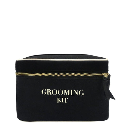 Bag-all Grooming Kit Box in black cotton with white text and gold zipper, perfect for organizing toiletries and grooming essentials while traveling or at home