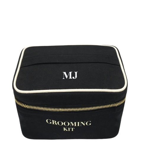Bag-all Black Grooming Kit Box with monogram MJ, cotton travel organizer with gold zipper and white trim for personal care essentials