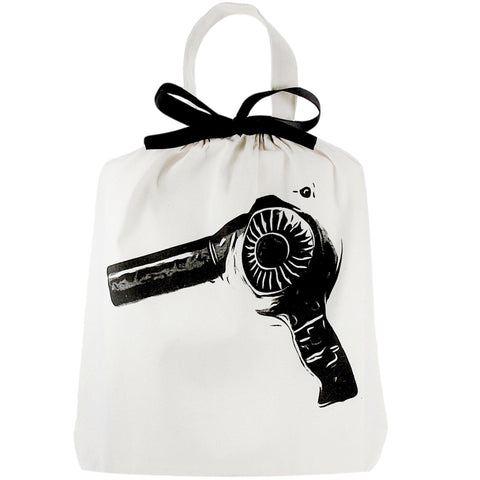 Bag-all Cream Hair Dryer Travel Bag featuring black hairdryer illustration on white cotton canvas with elegant black bow and handle for stylish bathroom organization and travel