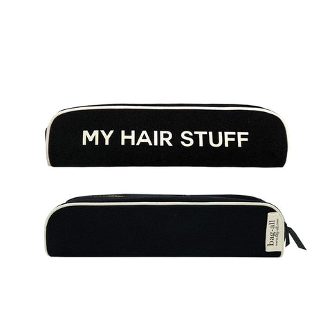 Bag-all Hair Stuff Travel Case Black - heat-resistant organizing pouch for styling tools and accessories, featuring white text "MY HAIR STUFF" with contrasting trim