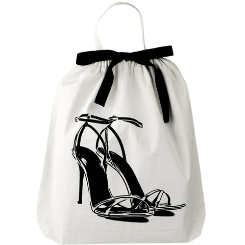 Bag-all Cream Cotton Shoe Bags Set featuring elegant high heel illustration, black ribbon tie closure, and white handle, perfect for organizing and protecting footwear while traveling