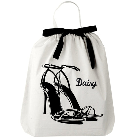 Bag-all High Heel Sandal Shoe Bag in cream cotton with black stiletto illustration and black ribbon tie, perfect for travel and storage organization