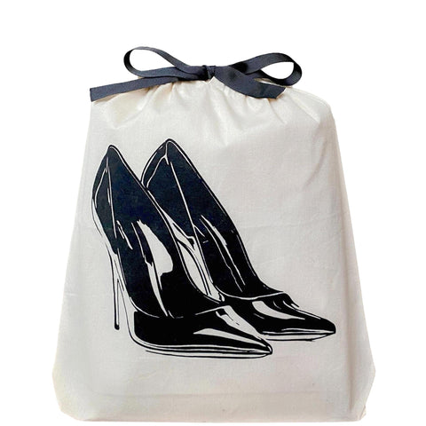 Bag-all High Heel Pumps Shoe Bag in cream canvas with black stiletto print and drawstring closure, perfect for protecting designer heels during travel and storage