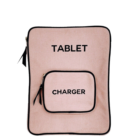Bag-all pink cotton tablet sleeve with charger pocket, padded protection for 11-inch tablets featuring black trim, front storage compartment, and zipper closure