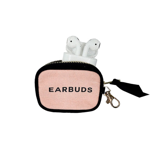 Bag-all Pink Earbuds Case with gold clasp and zipper - cotton protective case for AirPods featuring black trim and EARBUDS text, ideal for stylish organization
