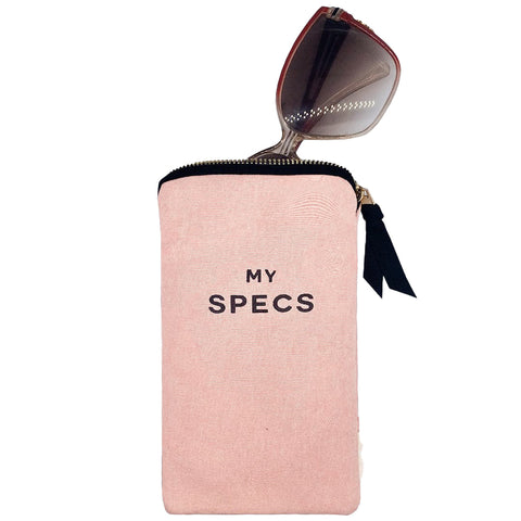 Bag-all My Specs Glasses Case in blush pink cotton with exterior pocket and gold zipper, shown with sunglasses, perfect for protecting eyewear and accessories