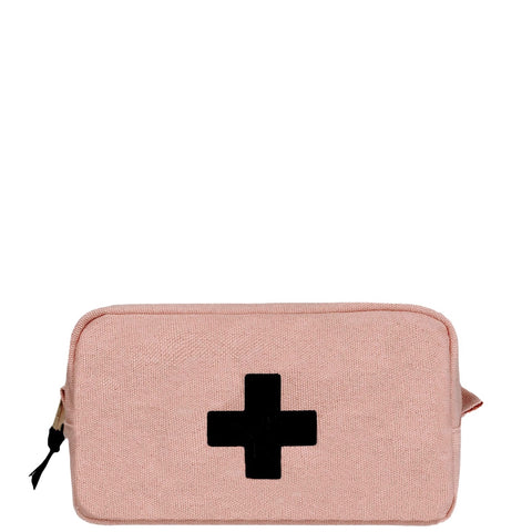Bag-all First Aid Organizing Pouch in blush pink cotton with black cross emblem, zippered medical storage case with laminated interior for travel and home organization