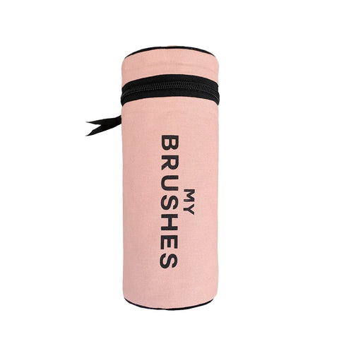 Bag-all Pink/Blush Cylinder Brushes Case - Stylish makeup and hair brush organizer with black zipper closure and text print, perfect for travel and storage