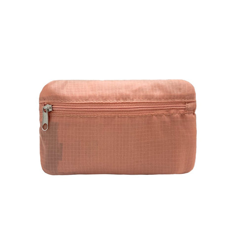 Bag-all Folding Shopping Bag zipper pocket pouch in dusty pink nylon, compact storage design with secure zip closure, eco-friendly reusable shopping tote