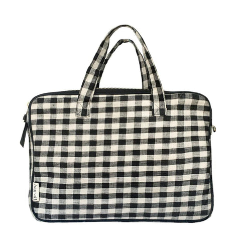 Bag-all Laptop Case 13" in black and white gingham pattern with dual handles, padded protection and front charger pocket. Stylish linen sleeve with crossbody option.
