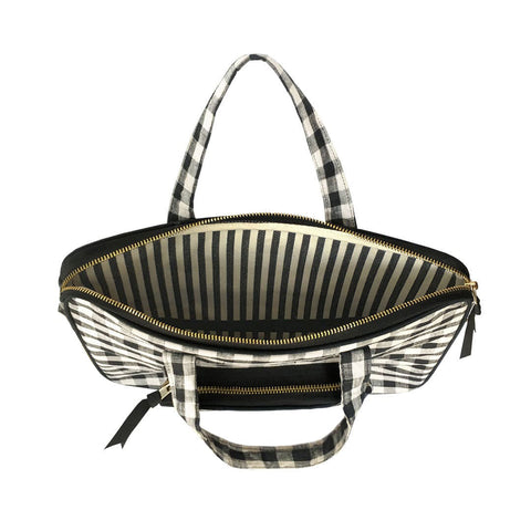 Bag-all Laptop Case 13" in black and white gingham pattern with dual handles, striped interior lining, front charger pocket, and protective padding for 11-13" devices