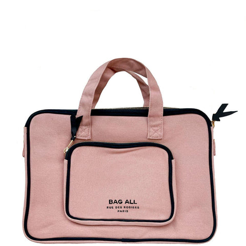 Bag-all Laptop Case 13" in blush pink cotton with handles, charger pocket and protective padding. Stylish business and student accessory for secure device transport.