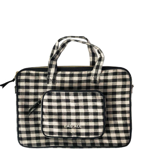Bag-all Laptop Case 13" in black and white gingham pattern with front charger pocket, padded protection, dual handles and shoulder strap option
