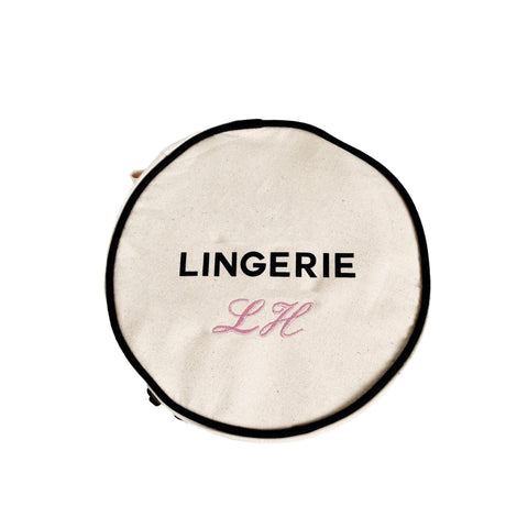 Bag-all Deal Gift Set for Her featuring round cream cotton cases for lingerie, makeup, and jewelry with monogram option and striped interior lining