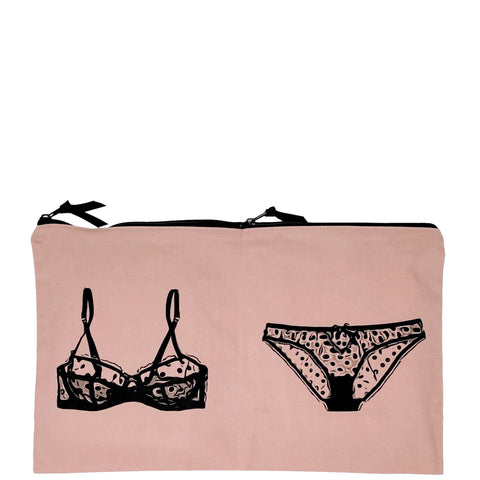 Bag-all Double Lingerie Packing Pouch in pink/blush featuring black illustrated bra and panty design with dual compartments and metal zippers for organized travel storage