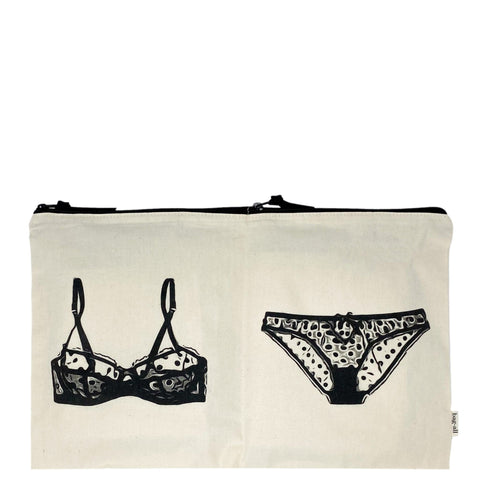 Bag-all Double Lingerie Packing Pouch in cream cotton with black illustrated bra and panty design, featuring dual compartments for organized travel storage