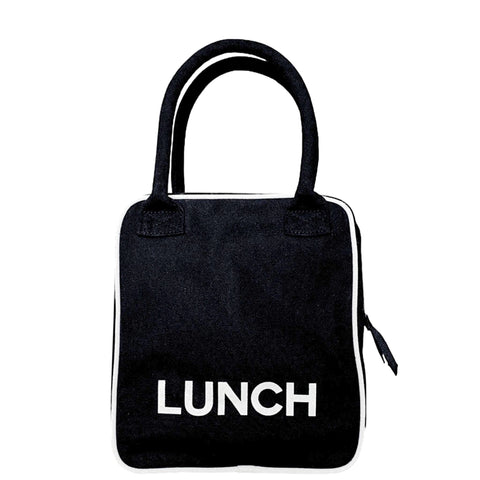 Bag-all Office Essentials black cotton lunch bag with white LUNCH text and contrast piping, part of 3-pack organizing set for stylish workday storage