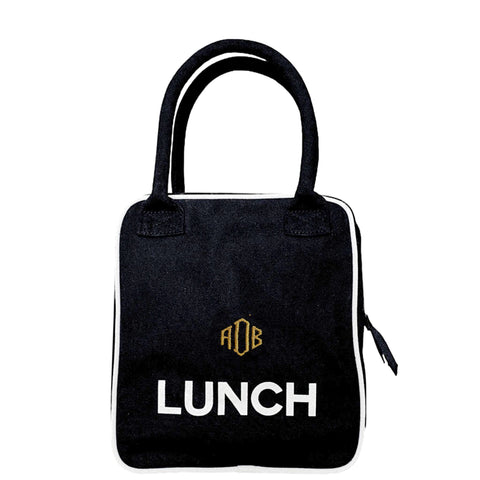 Bag-all Black Insulated Lunch Box with white piping and LUNCH text, featuring padded handle and monogram detail, perfect for office or school meals