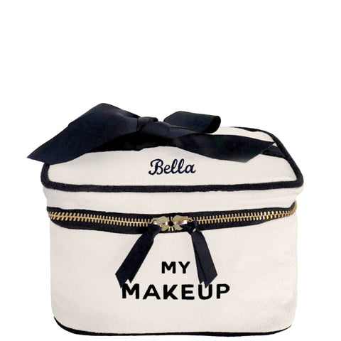 Bag-all My Makeup Cosmetic Box in cream canvas with black bow and zipper details, personalized with name, perfect for organizing beauty essentials